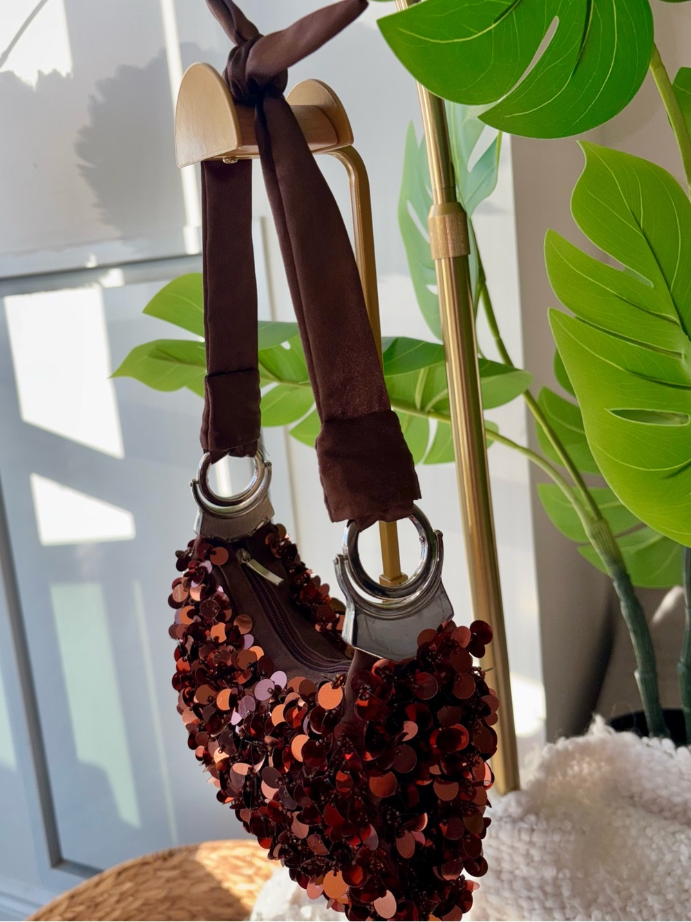 Vintage Y2K ALDO Brown Sequin Paillette Bow Shoulder Bag 2000s - Picture 6 of 11